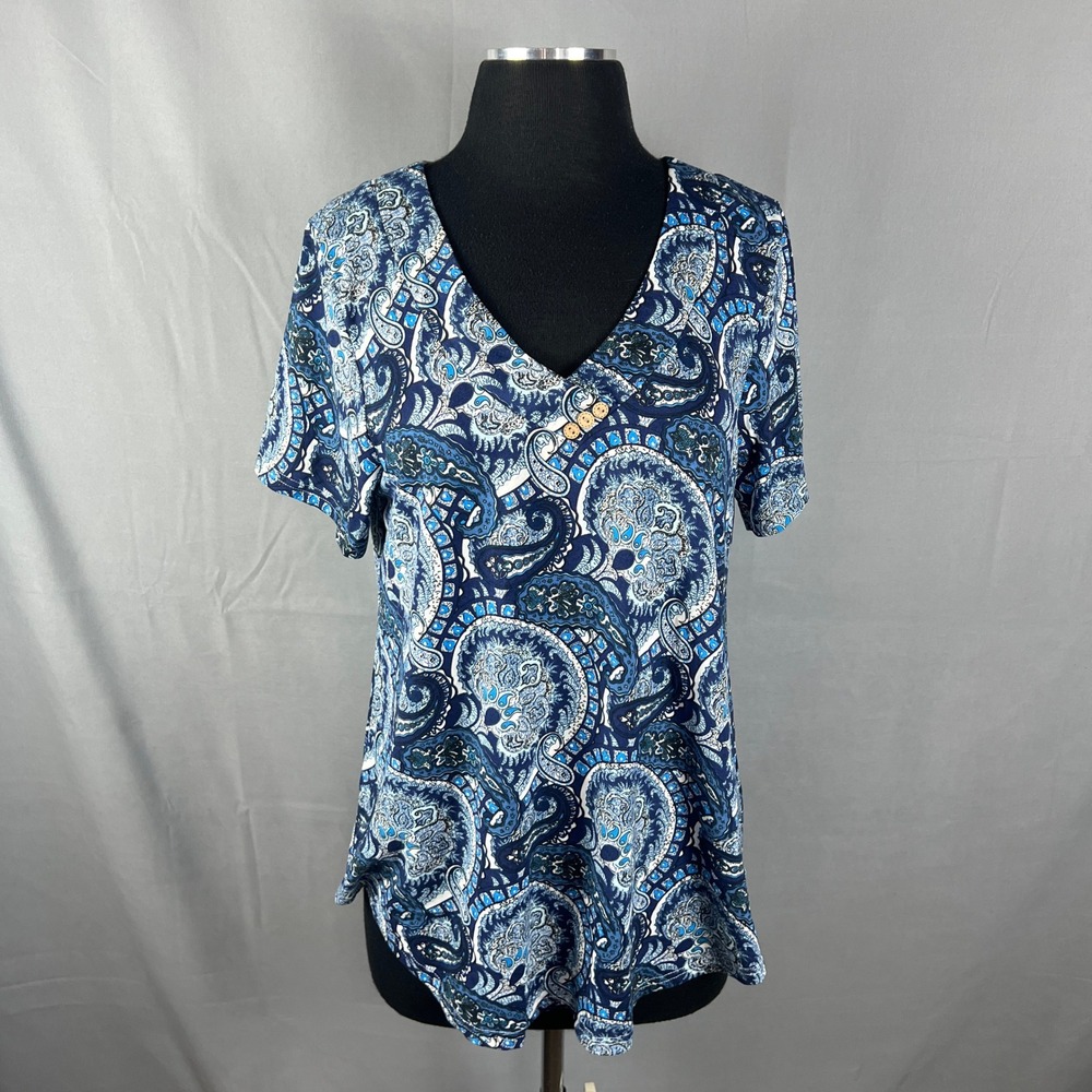 Folunsi Blouse Top Womens Medium Blue White Paisley Print Curved Hem V Neck Boho